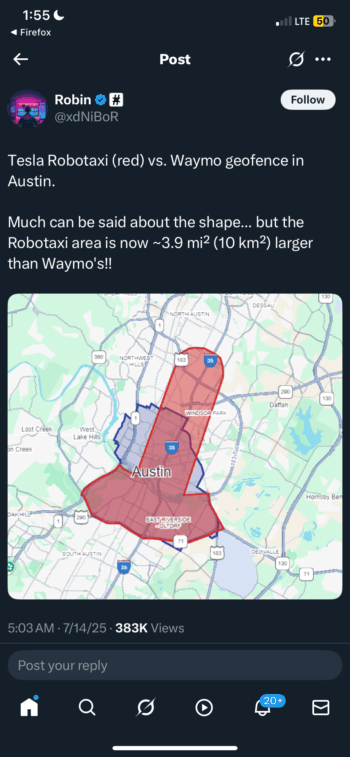 Tesla Austin Robotaxi Area Larger than Waymo Austin
