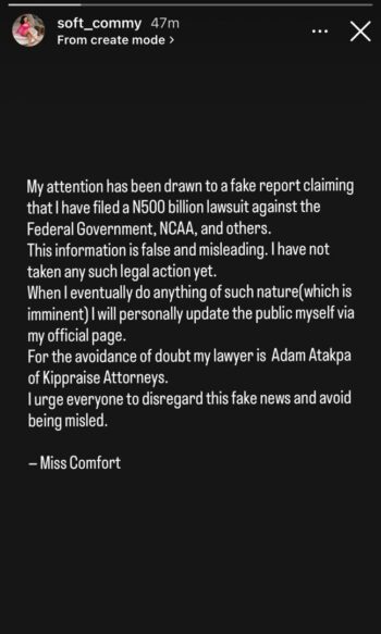 Ibom Air pasenger, Comfort Emmanson, denies filing N500bn lawsuit against the airline; hints at future plans to sue the airline