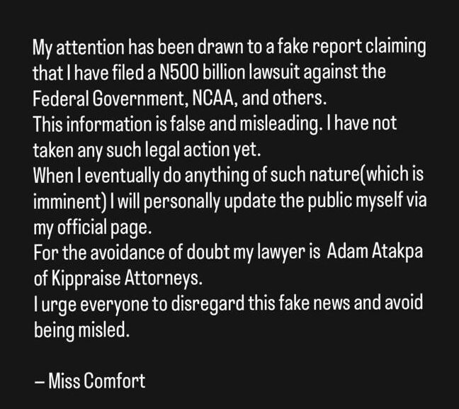 Ibom Air pasenger, Comfort Emmanson, denies filing N500bn lawsuit against the airline; hints at future plans to sue the airline